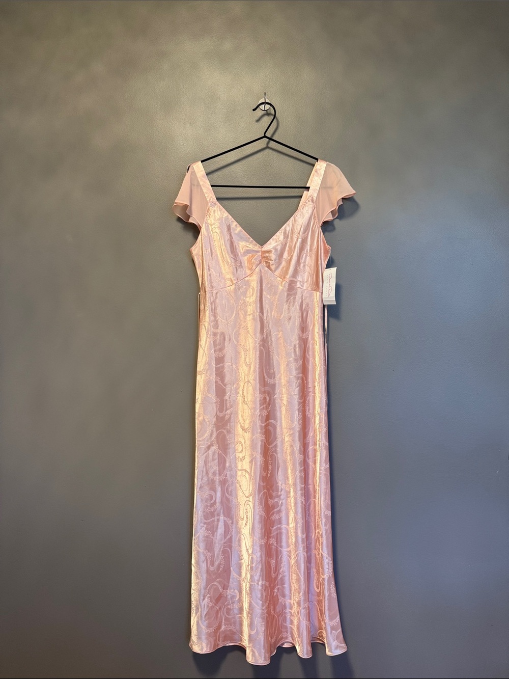 Satin Embossed Pink Slip Dress with Flutter Sleeves